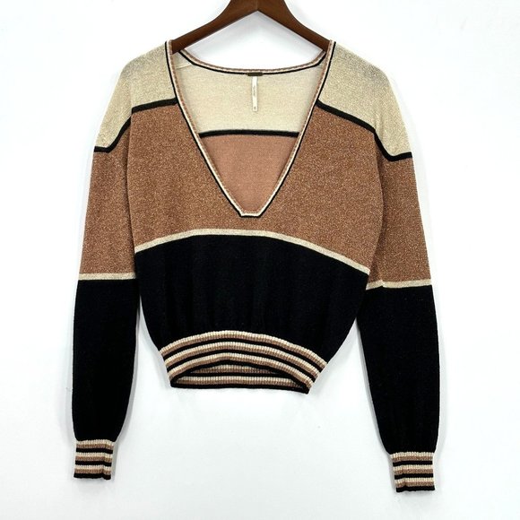 Free People Sweaters - Free People Womens Gold Dust Pullover Sweater Color Block V- Neck Size XS